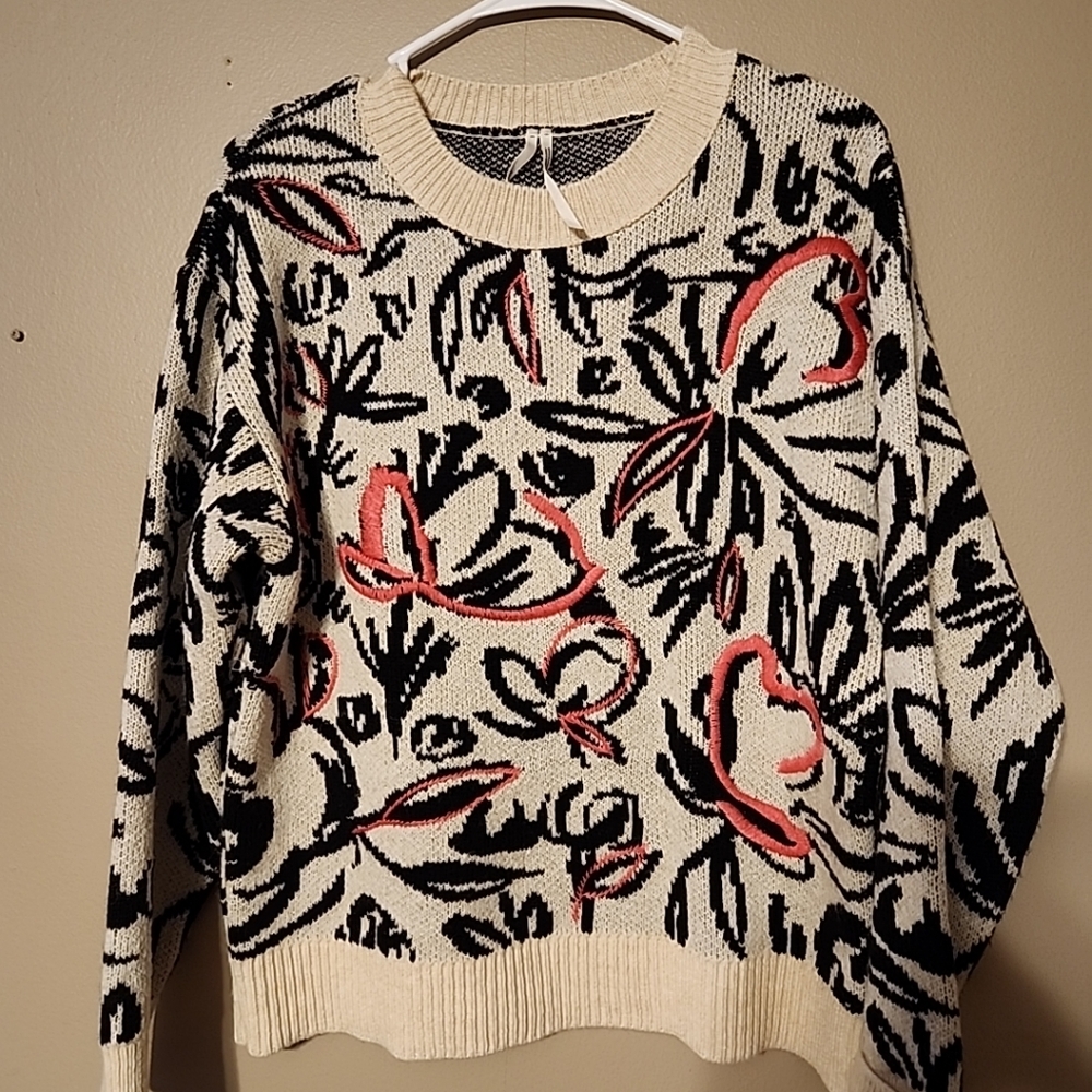 Anthropologie Floral Pop Embroidered Sweater Wool Blend Small NEW